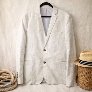 H&M Mens Slim Fit Linen Blazer Large Light Beige Summer Wedding Jacket